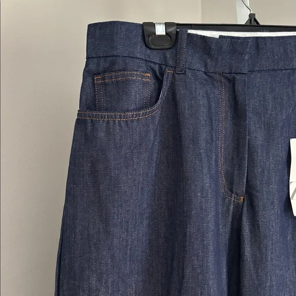 Zara Dark Blue Denim Wide-Leg Trouser High Waist Jeans Women’s Size 12 - Picture 8 of 9
